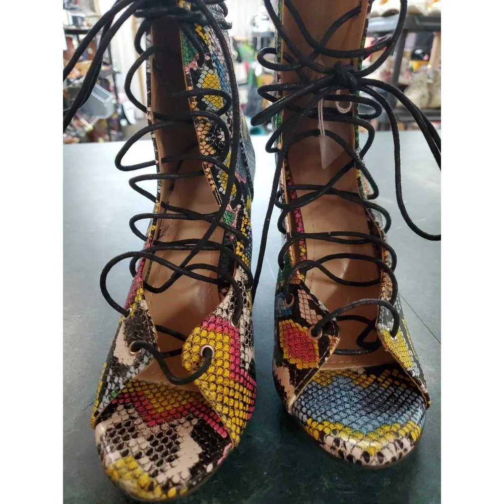 Snakeskin Print Lace-Up Chunky Heel Sandals Wmn 8.5 Multicolor Open Toe 40 L 8-9
